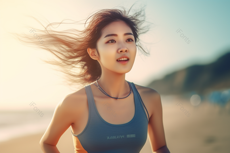 穿着运动背心的年轻女人模糊背景摄影图,高清,摄影图,摄影图片,图片大全,摄影图免费下载